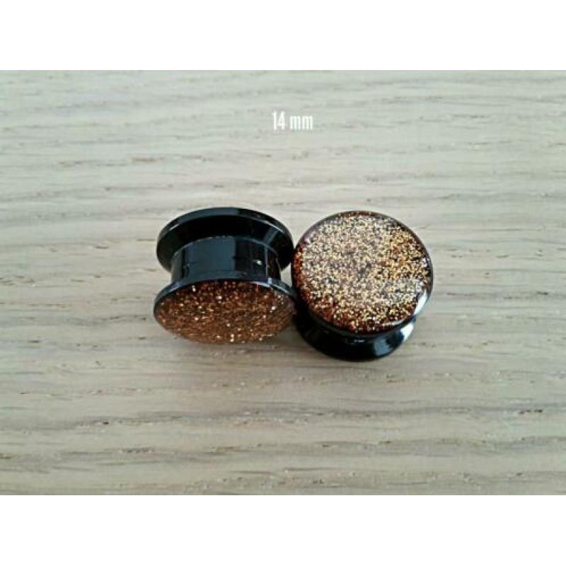 Nieuwe pluggen. Acryl. Glitters. Goud. 5, 6, 12, 14 mm.