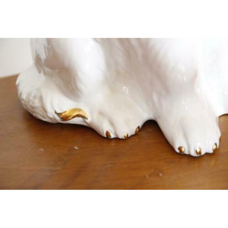 Groot Kitch Beeld van Hond, retro, vintage, wit met goud