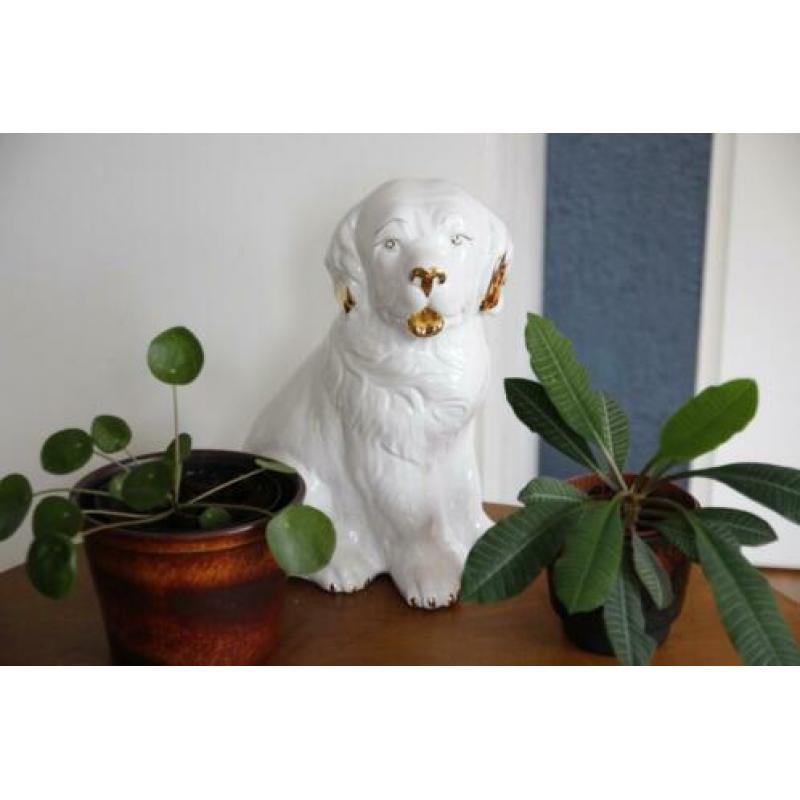 Groot Kitch Beeld van Hond, retro, vintage, wit met goud