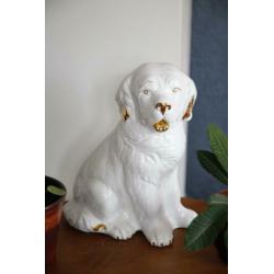 Groot Kitch Beeld van Hond, retro, vintage, wit met goud