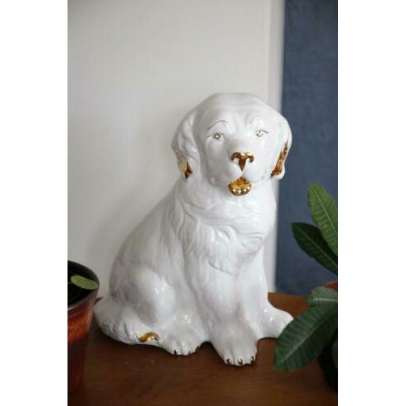 Groot Kitch Beeld van Hond, retro, vintage, wit met goud