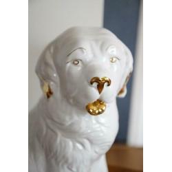 Groot Kitch Beeld van Hond, retro, vintage, wit met goud