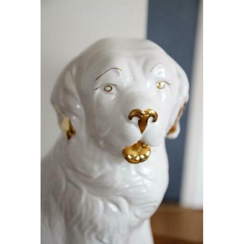 Groot Kitch Beeld van Hond, retro, vintage, wit met goud