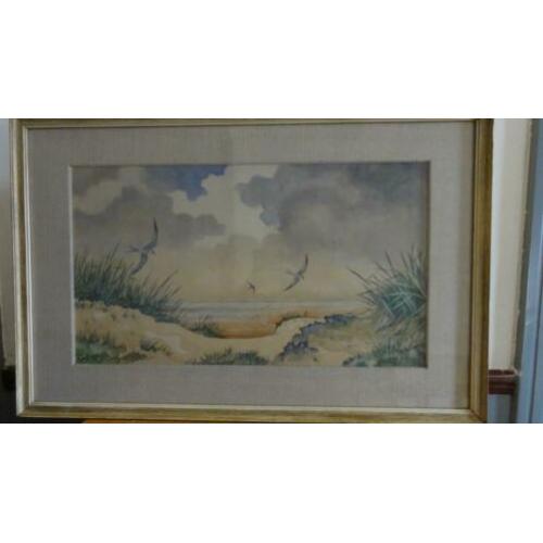 Mooi ingelijste grote aquarel van duinen/zee van T.T. Bert