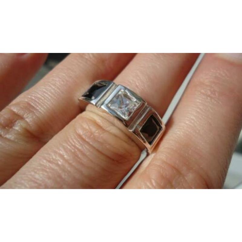 925 zilver ring zwart wit topaas spinel maat 17 - Vanoli