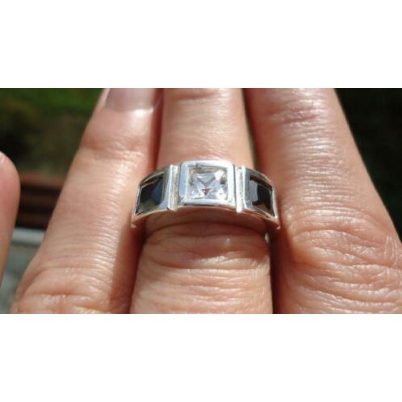 925 zilver ring zwart wit topaas spinel maat 17 - Vanoli
