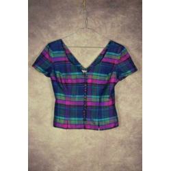 T_014)Vintage blauw/paarse 100%zijde getailleerde bustiertop