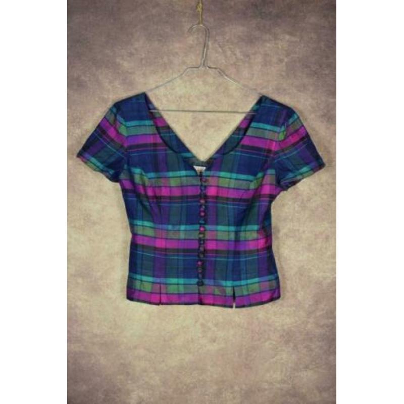 T_014)Vintage blauw/paarse 100%zijde getailleerde bustiertop