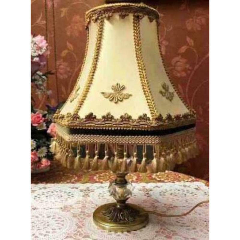 Retro/antiek brocante tafellamp kristal,koper,lampenkap goud