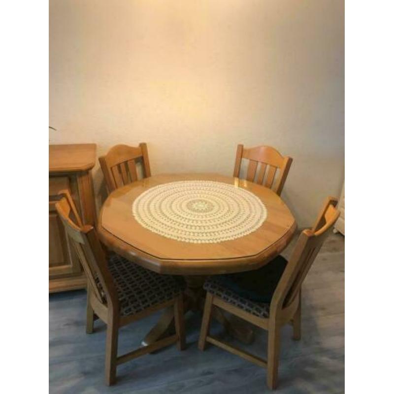 Ronde eettafel met 4 stoelen eikenhout
