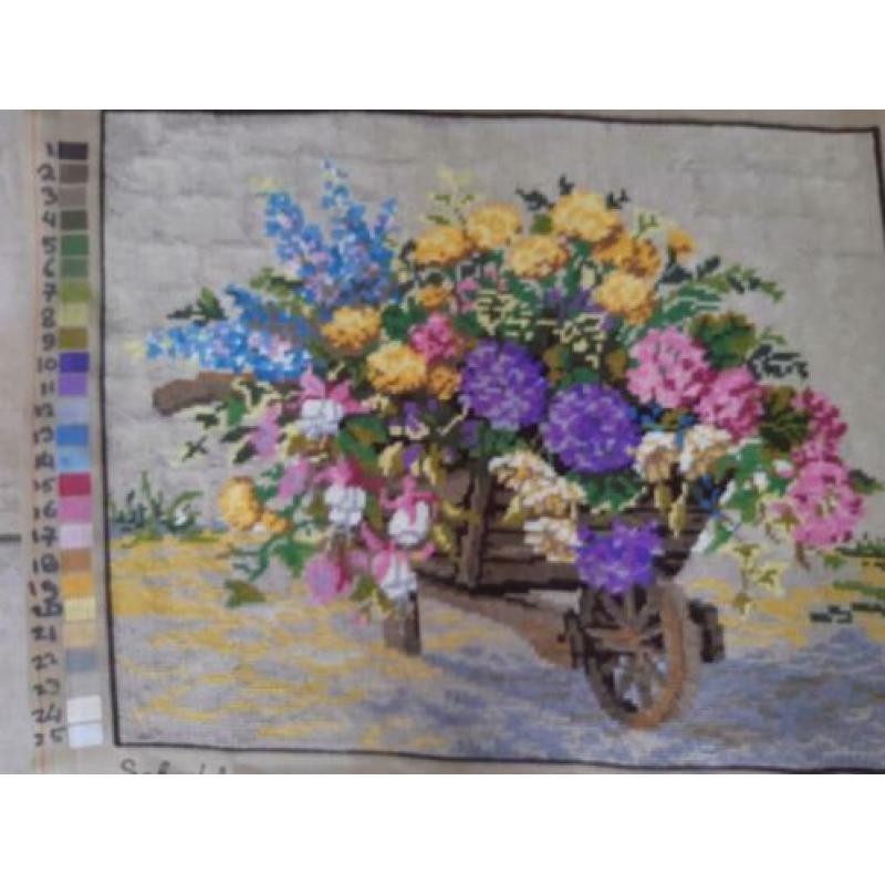 borduurwerk groot bloemen kruiwagen