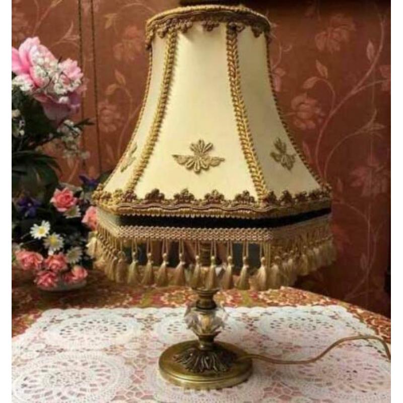Retro/antiek brocante tafellamp kristal,koper,lampenkap goud