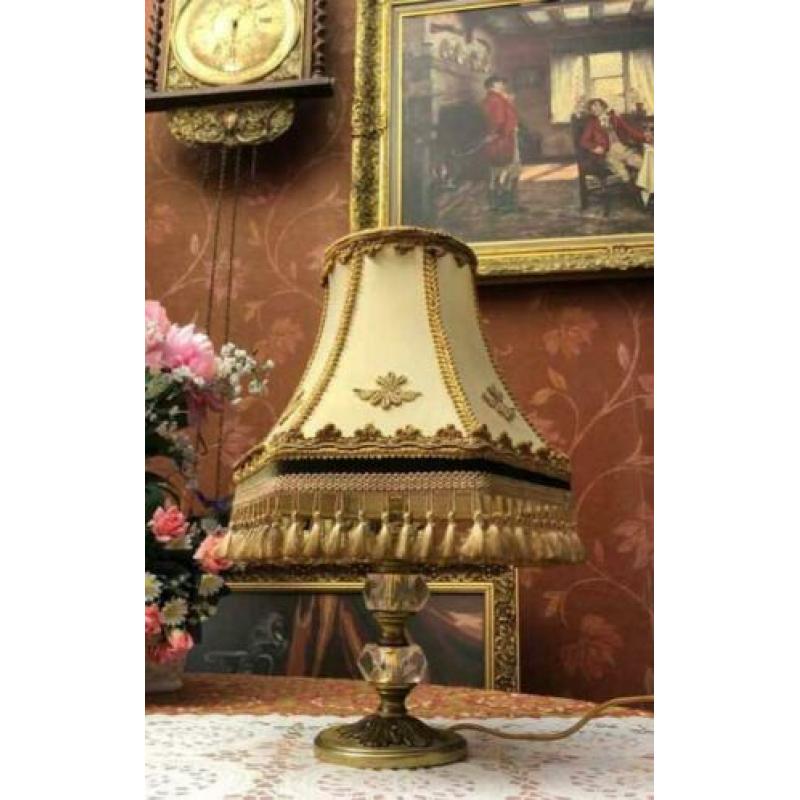 Retro/antiek brocante tafellamp kristal,koper,lampenkap goud