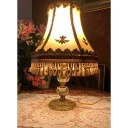 Retro/antiek brocante tafellamp kristal,koper,lampenkap goud