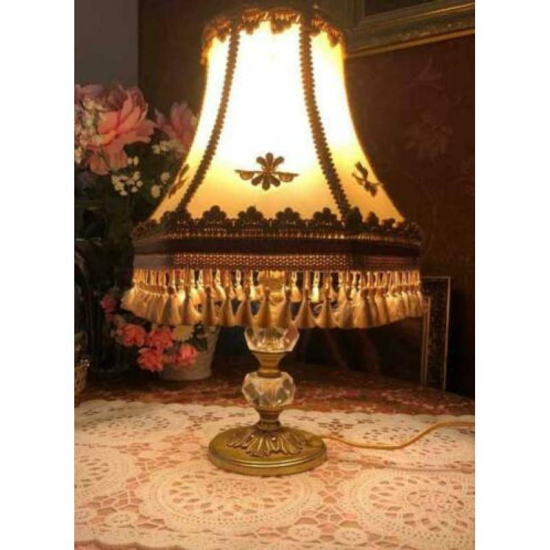 Retro/antiek brocante tafellamp kristal,koper,lampenkap goud