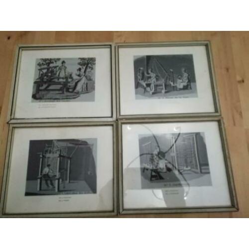 Set van 4 oude lijstjes met afbeeldingen van weverijen