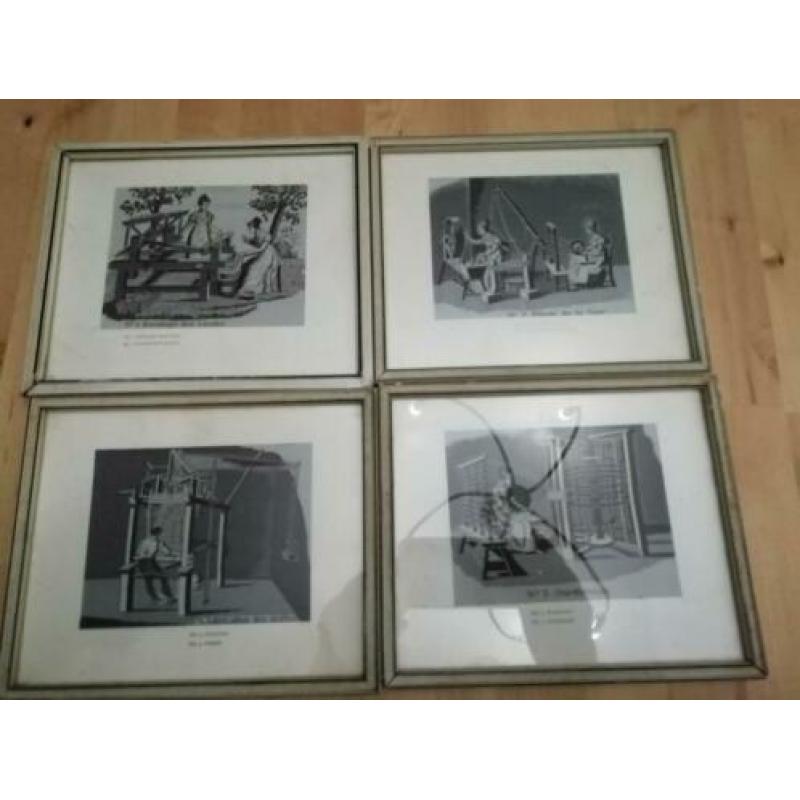 Set van 4 oude lijstjes met afbeeldingen van weverijen