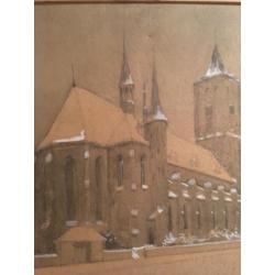 J. Kroon - Aquarel besneeuwde St. Vitus kerk Bussum 1941