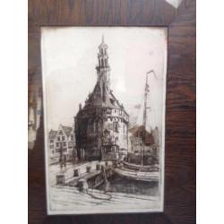 Tekening in antieke houten lijst en passe-partout