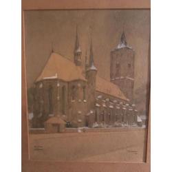 J. Kroon - Aquarel besneeuwde St. Vitus kerk Bussum 1941