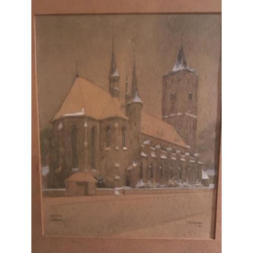J. Kroon - Aquarel besneeuwde St. Vitus kerk Bussum 1941