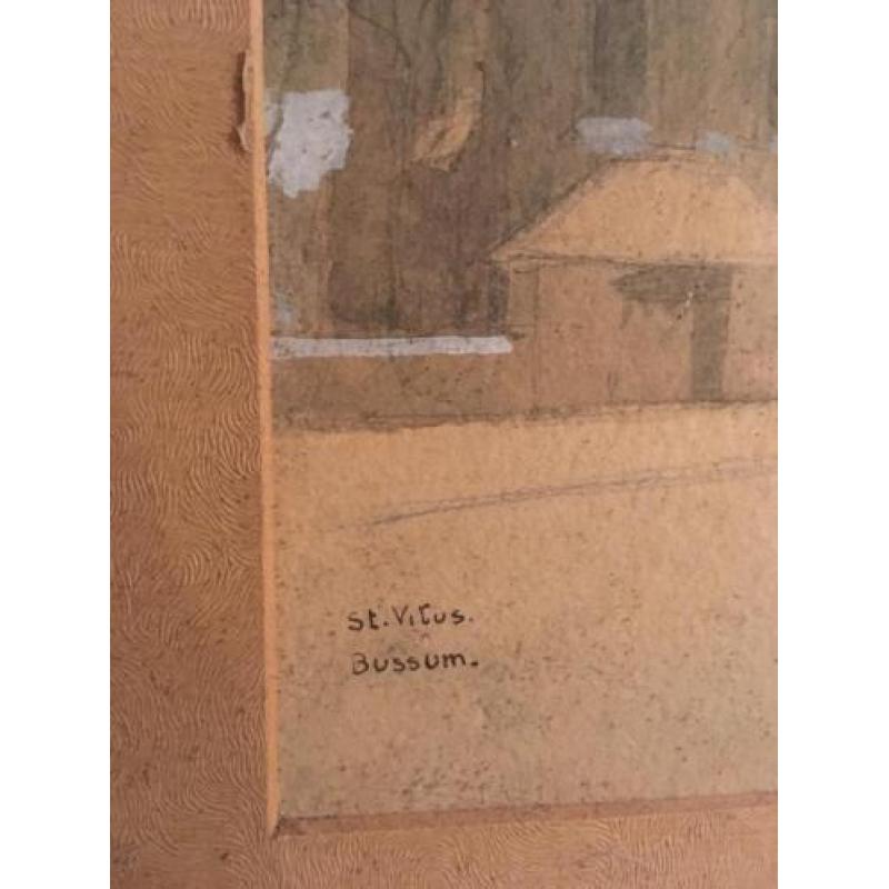 J. Kroon - Aquarel besneeuwde St. Vitus kerk Bussum 1941