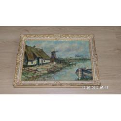 Boerderij en molen aan vaart - Landschap met dorp en kerk