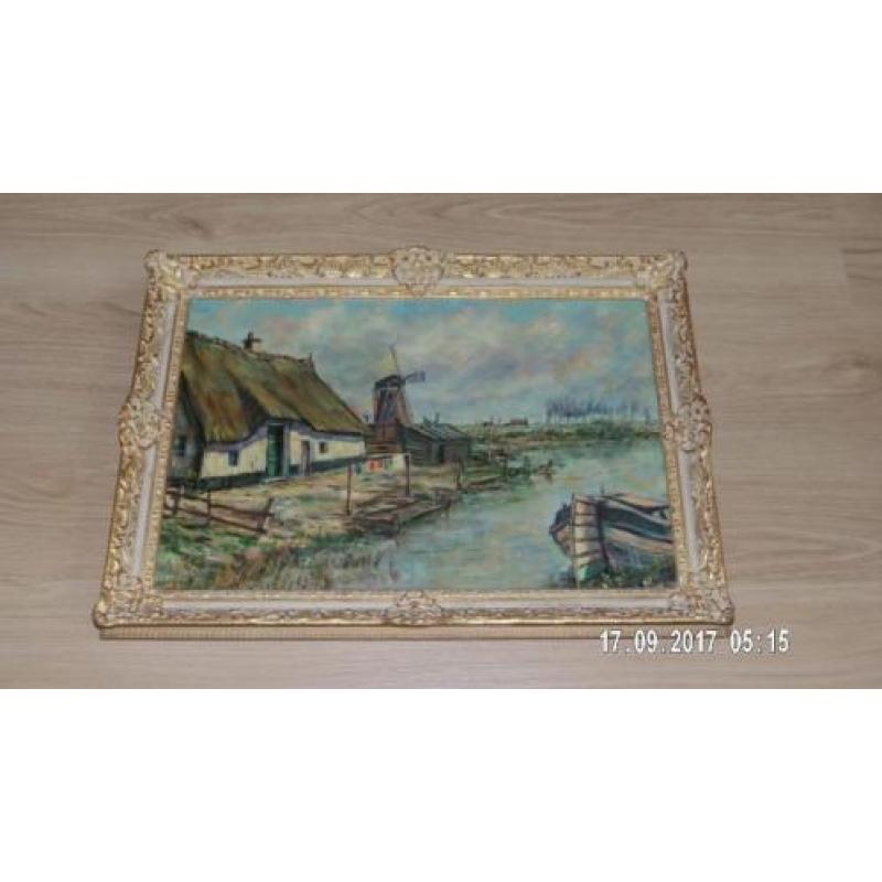 Boerderij en molen aan vaart - Landschap met dorp en kerk